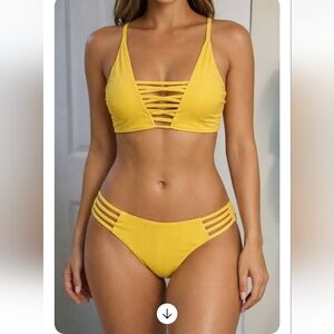 TiniBikini Yellow Strappy Cutout Bikini Set Size L Ribbed Two-Piece Padded Top